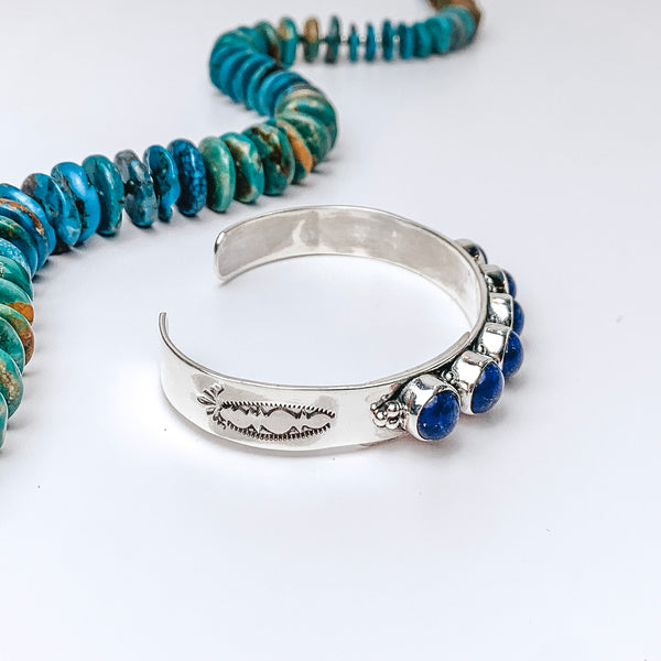 HaDa Collection | Detailed Sterling Silver Cuff with Six Dark Lapis Turquoise Stones