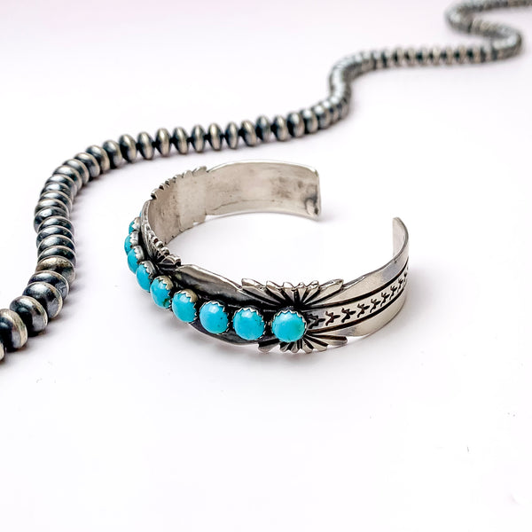 P Yazzie | Navajo Handmade Sterling Silver Cuff With Eleven Small Turquoise Stones