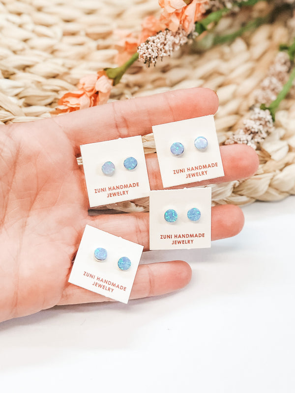 Sarah Bowannie | Zuni Handmade Sterling Silver Circle Studs in Blue Opal