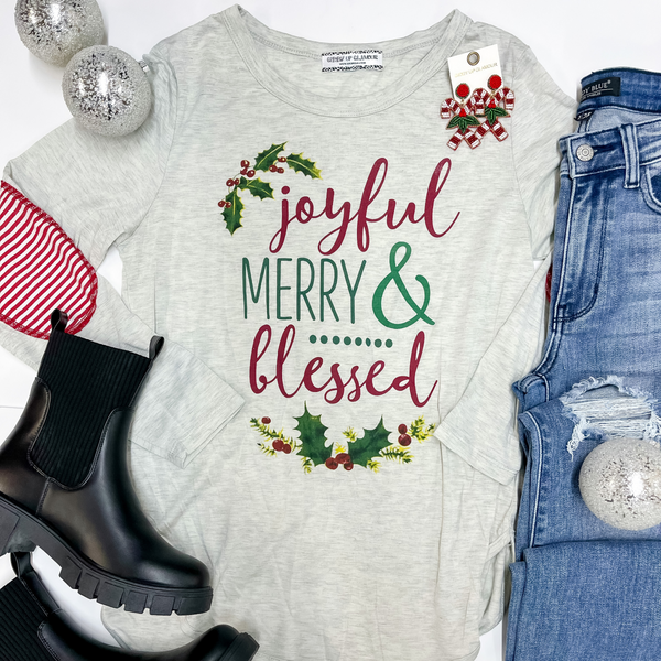 Joyful, Merry, & Blessed Grey Long Sleeve Tee with Candy Cane Elbow Patches