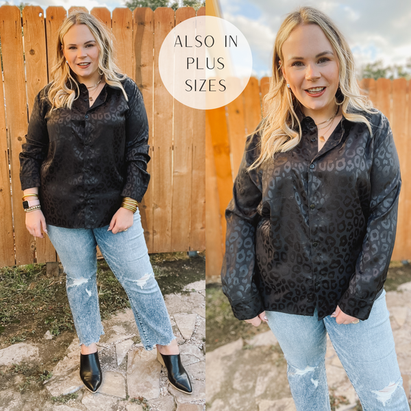 Top It Off Long Sleeve Button Up Satin Leopard Top in Black