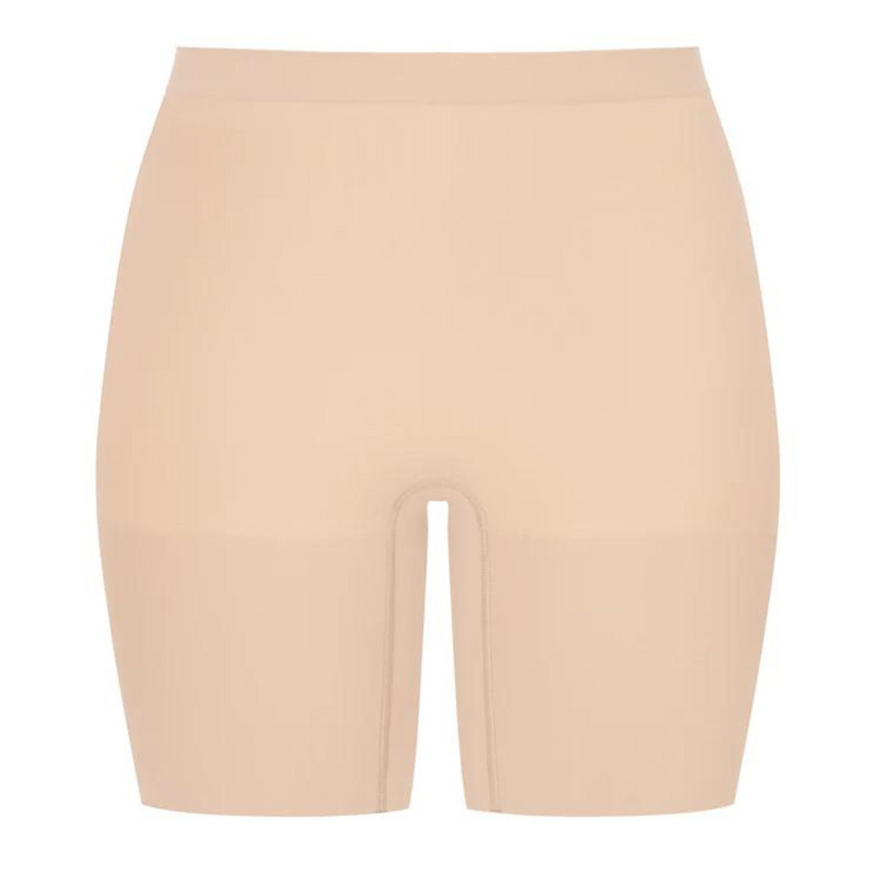 A pair of nude mid thigh  shorts with a high waist line. Pictured on a white background.