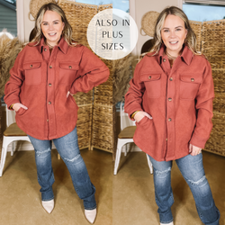 Hollywood Hike Button Up Fleece Jacket with Pockets in Clay Red