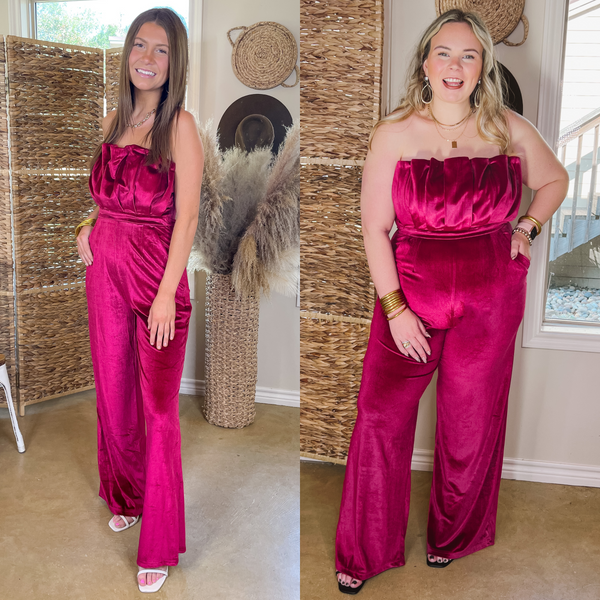 Do It With Pizazz Velvet Strapless Jumpsuit in Red Violet