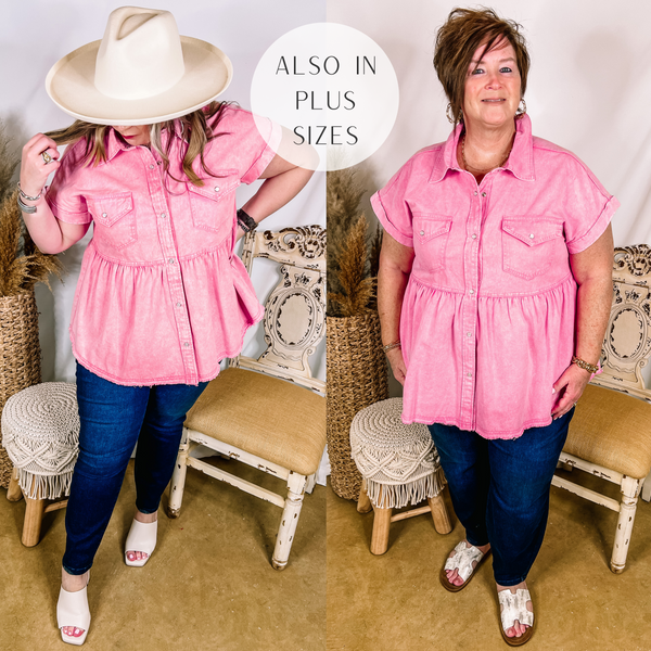 Models are wearing a washed pink button up babydoll top that has short sleeves. Both models have it paired with dark wash boyfriend jeans. Size large model has it paired with white heels and an ivory hat. Plus size model has it paired with white sandals and gold jewelry.