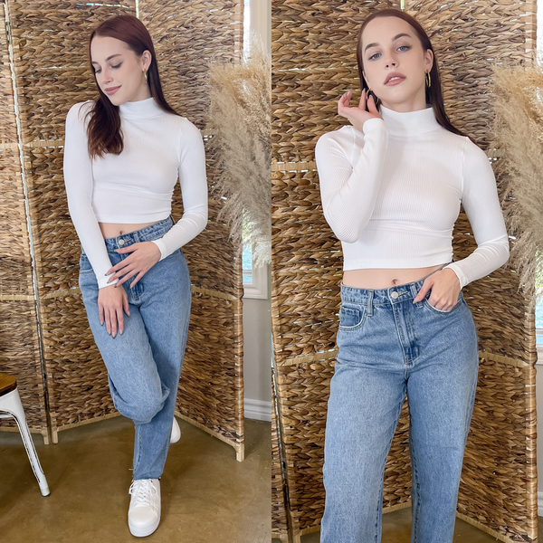Up At Dawn Ribbed Mock Neck Long Sleeve Crop Top in White