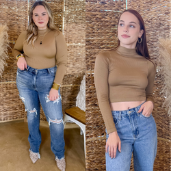 Up At Dawn Ribbed Mock Neck Long Sleeve Crop Top in Light Brown