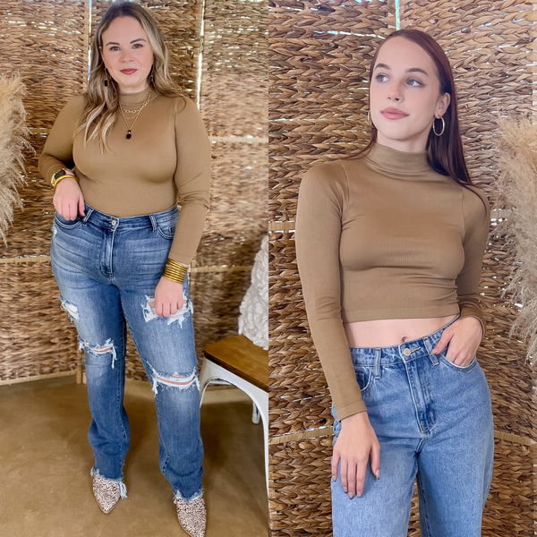 Up At Dawn Ribbed Mock Neck Long Sleeve Crop Top in Light Brown