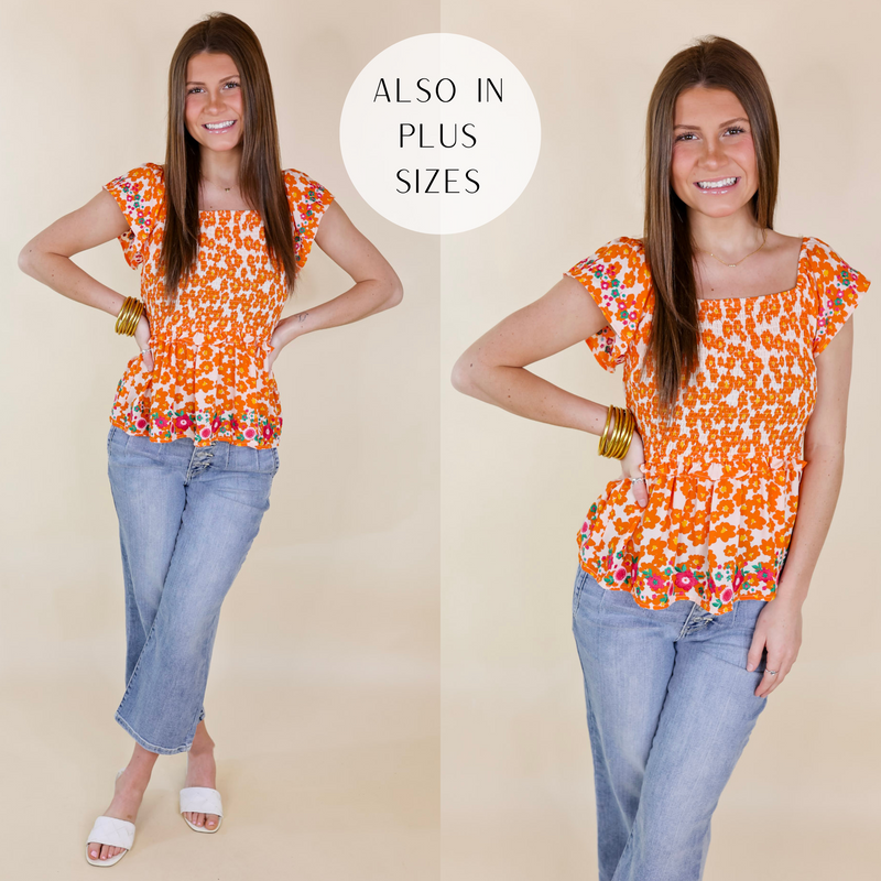 Blossom Boulevard Smocked Floral Peplum Top with Floral Embroidery in Orange