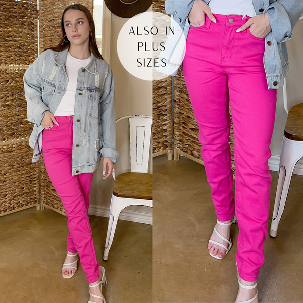 Last Chance Size 0 & 11 | Judy Blue | Brighter Than the Sun Cuffed Slim Fit Jeans in Hot pink