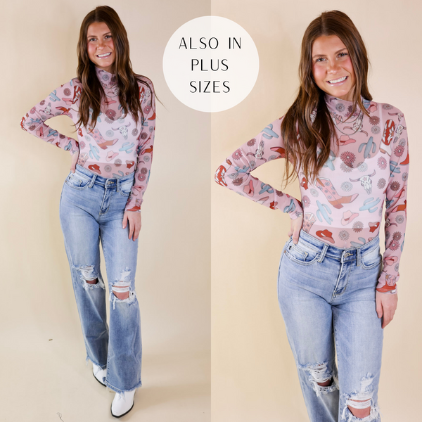 Model is wearing a mesh long sleeve bodysuit with boots, cactus, and cow skulls printed all over. Model has it paired with distressed jeans, white boots, and silver jewelry.