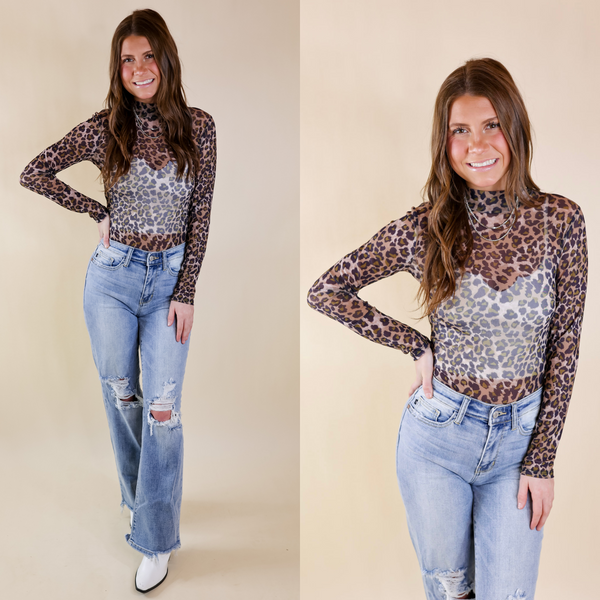 Try Your Luck Mesh Long Sleeve Bodysuit in Leopard Print