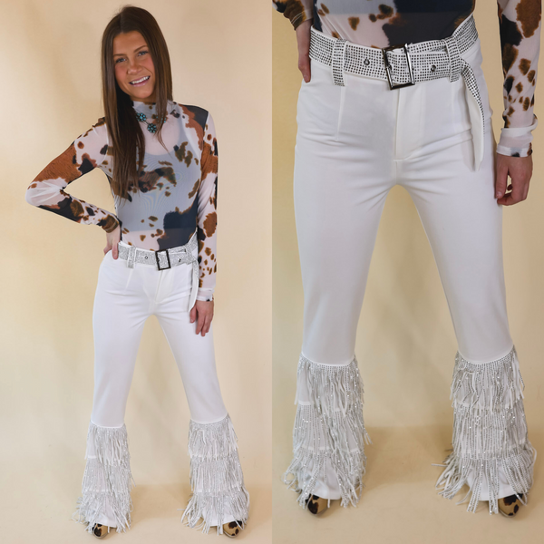 Cowboy Killer Crystal Fringe Bell Bottom Pants in White