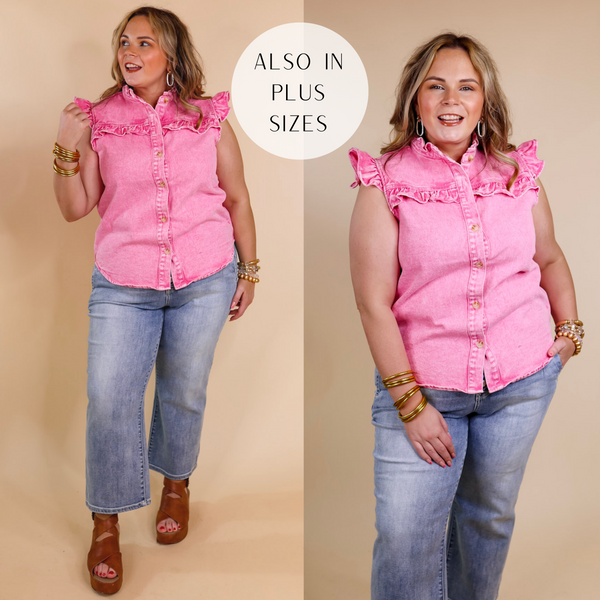Model is wearing a button up pink denim top with ruffle cap sleeves and ruffle across the bust. Model has it paired light wash cropped jeans, tan wedges, and gold jewelry.