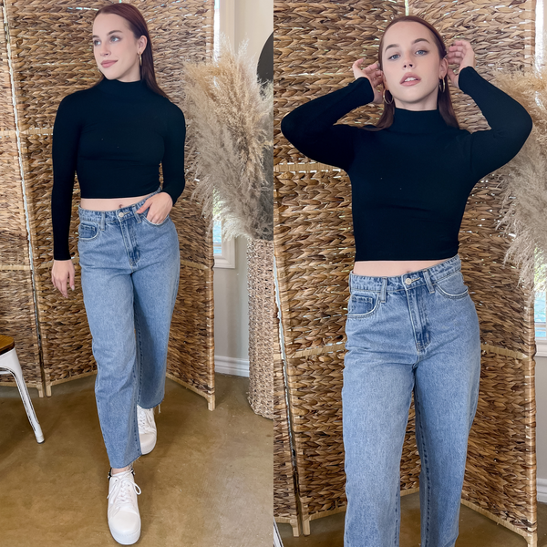 Up At Dawn Ribbed Mock Neck Long Sleeve Crop Top in Black