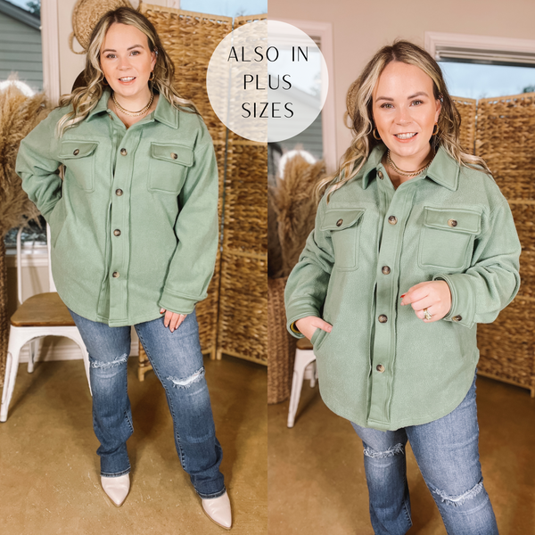 Hollywood Hike Button Up Fleece Jacket with Pockets in Mint