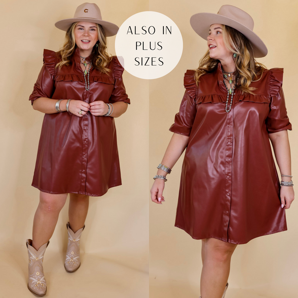 Beyond The City Button Up Faux Leather Dress with Ruffle Detailing in Brown