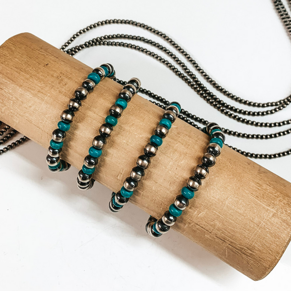 Navajo  | Navajo Handmade Sterling Silver 7mm Navajo Pearl and Turquoise Beaded Stretchy Bracelet