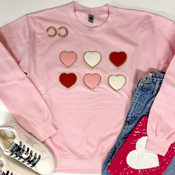 Lots Of Love Chenille Heart Graphic Sweatshirt with Long Sleeves in Light Pink