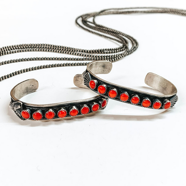 Kevin Billah | Navajo Handmade Sterling Silver Cuff With Red Coral Circle Stones