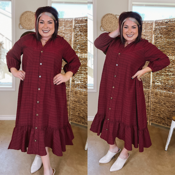 Easy to Please Button Up Ruffle Hem Midi Dress in Maroon Plaid
