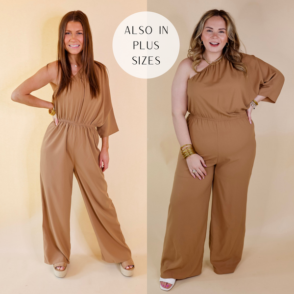 Ready To Wow One Shoulder Wide Leg Jumpsuit in Camel Brown