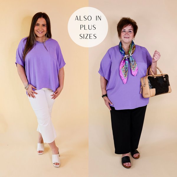 Try To Resist Short Sleeve V Neck Top with Front Pocket in Lavender Purple