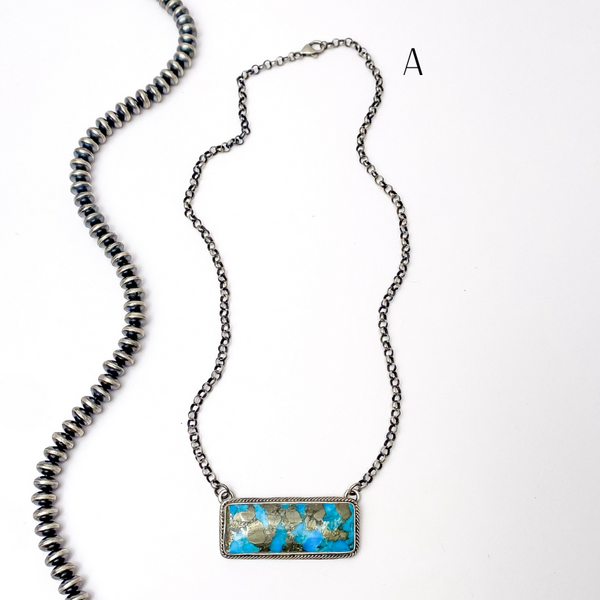 P Yazzie | Navajo Handmade Sterling Silver Chain Necklace with Kingman Turquoise Bar