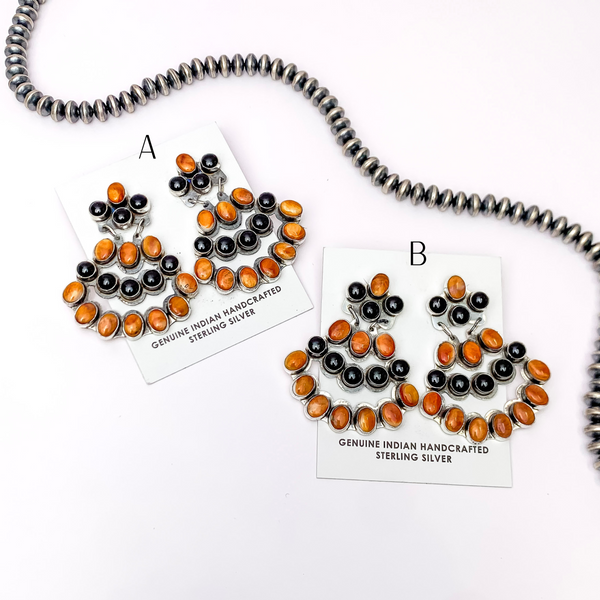 JB | Navajo Handmade Sterling Silver Post Earrings with Orange Spiny Oyster and Black Onyx Stones