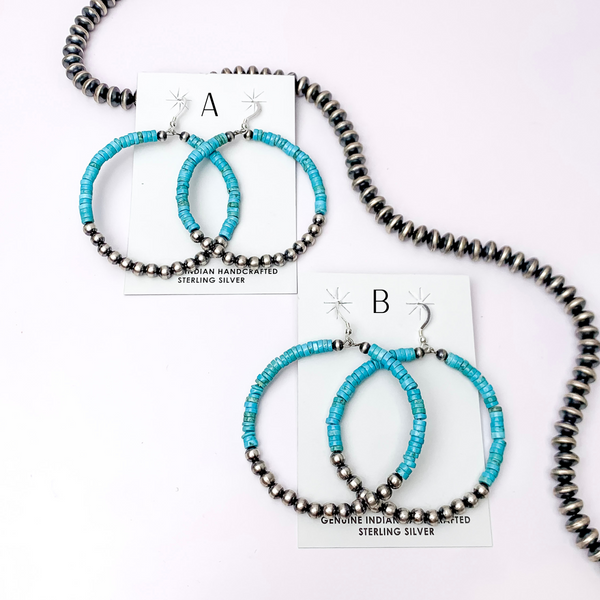 Navajo | Navajo Handmade Sterling Silver Navajo Pearl Hoop Earrings with Turquoise Stones