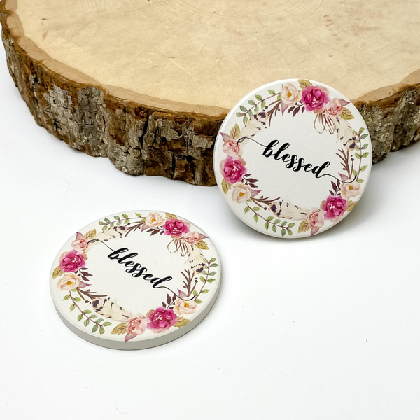 Set of Two | "Blessed" Floral Car Coasters