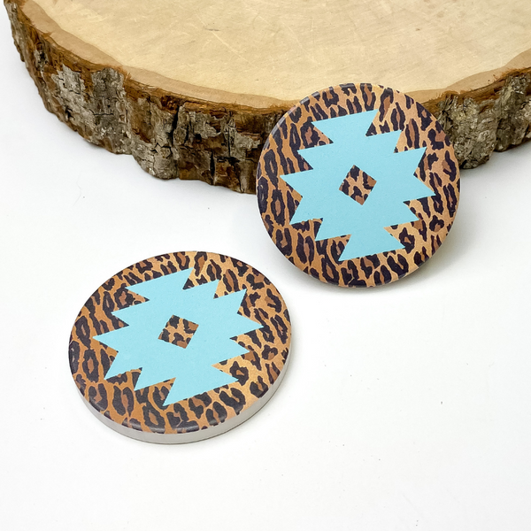 Set of Two | Leopard and Turquoise Navajo Design Car Coasters