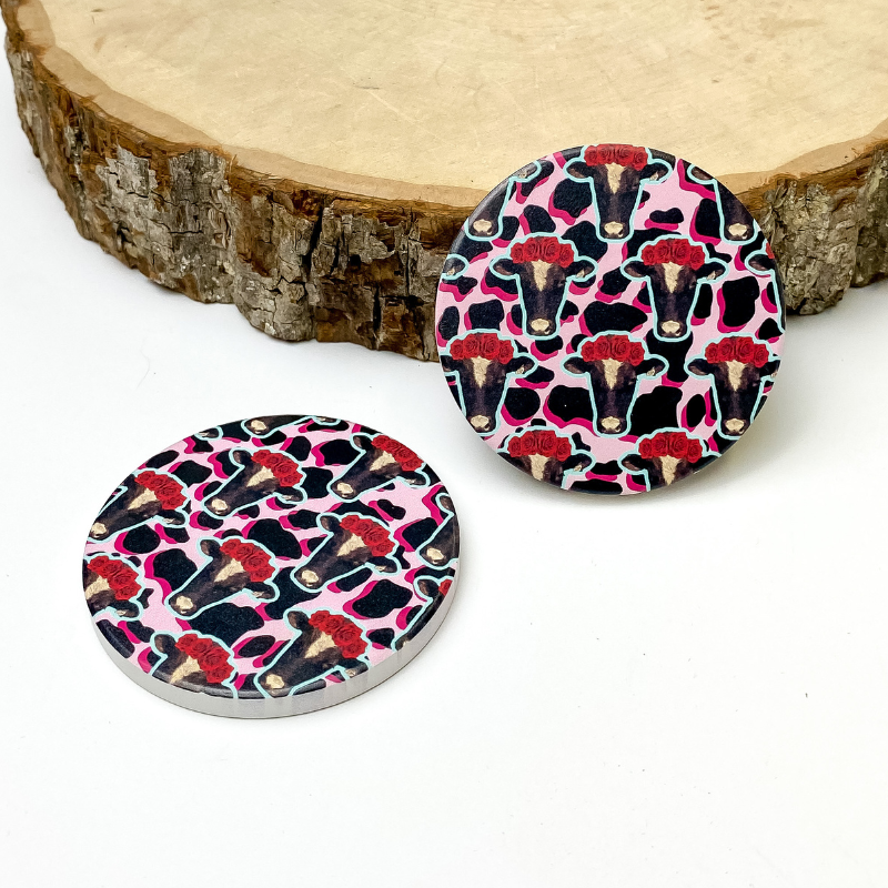 Set of Two | Cow Car Coasters in Pink