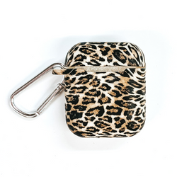 This is a leopard print airpod case with a silver clip. This airpod case is pictured on a white background.