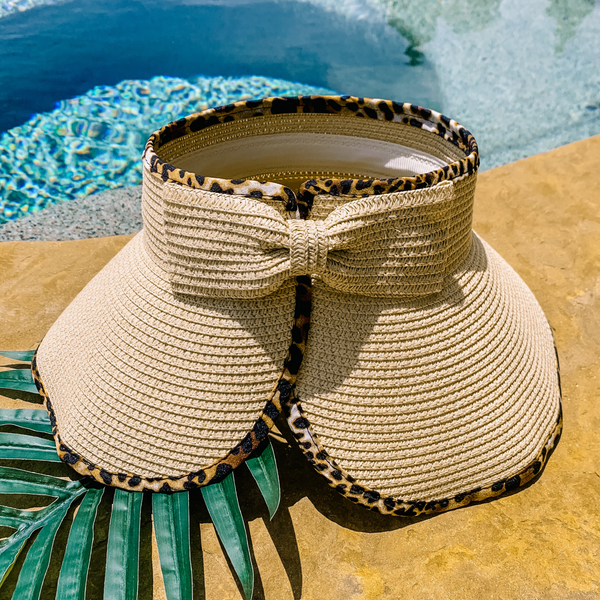 Poolside Chic Velcro Sun Visor in Natural with Leopard Print Trim