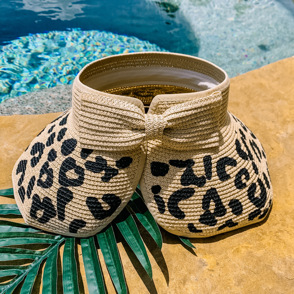 Poolside Chic Velcro Sun Visor in Light Tan with Leopard Print