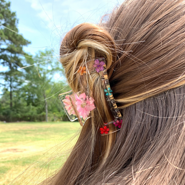 Wallflower Clear Large Rectangle Hair Clip with Multicolored Flowers