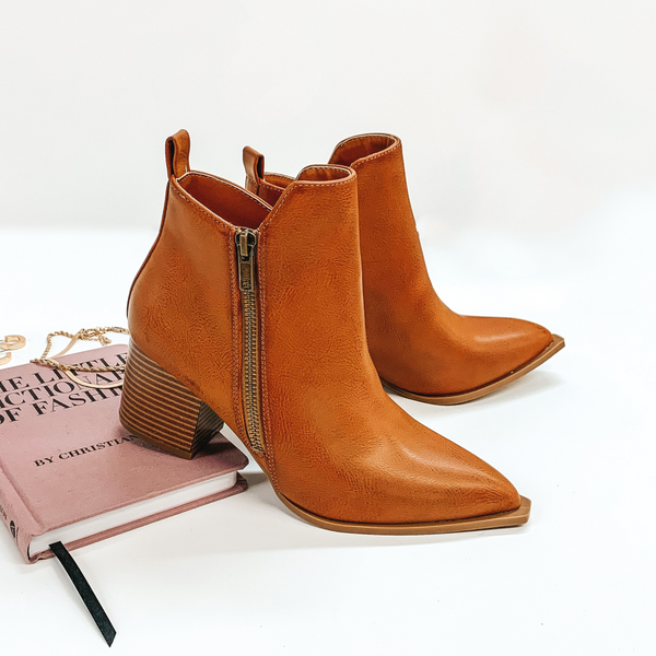 Latte Pick Me Up Heeled Booties with Pointed Toe and Side Zipper in Cognac