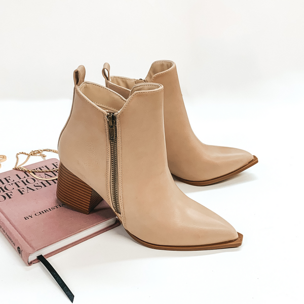 Latte Pick Me Up Heeled Booties with Pointed Toe and Side Zipper in Beige