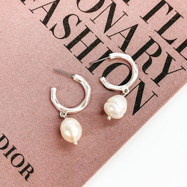 Special Occasion Hoop Earring with Pearl Dangle in Worn Silver Tone