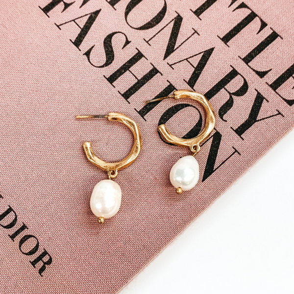 Special Occasion Hoop Earring with Pearl Dangle in Worn Gold Tone