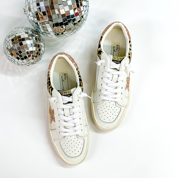 Vintage Havana | Norah White Sneakers in Leopard Print and Rose Gold Glitter