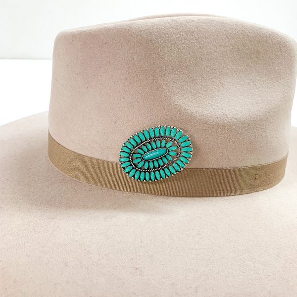Large Turquoise Oval Hat Pin in Silver Tone