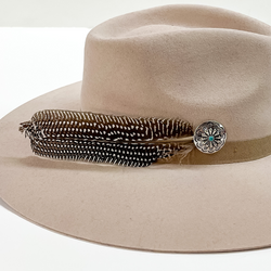 Circle Concho and White Dotted Feather Hat Pin in Silver Tone