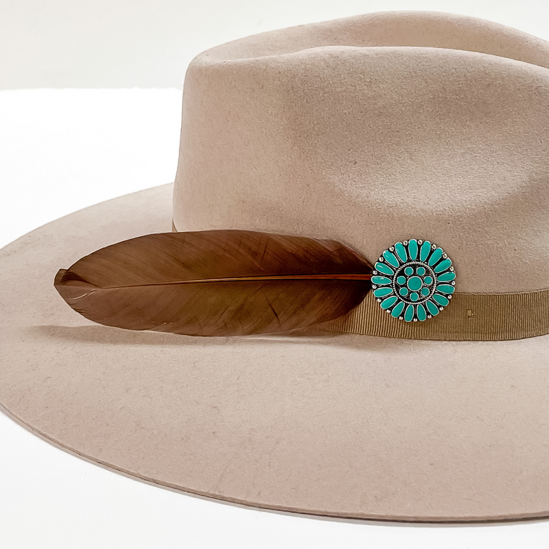 Turquoise Concho and Brown Feather Hat Pin