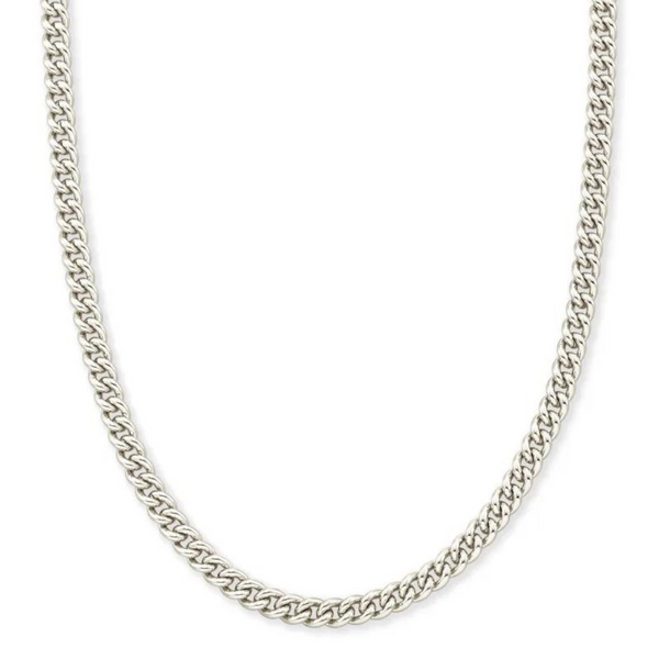Silver chain necklace pictured on a white background. 