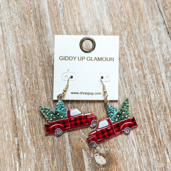Gold Tone Fishhook Earrings with Buffalo Plaid Truck and Christmas Tree Pendant