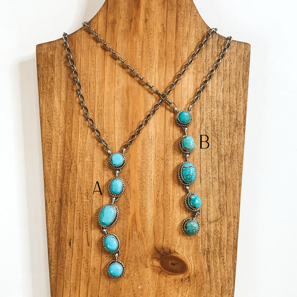 Augustine Largo | Navajo Handmade Sterling Silver Lariat Necklace with Five Kingman Turquoise Pendants