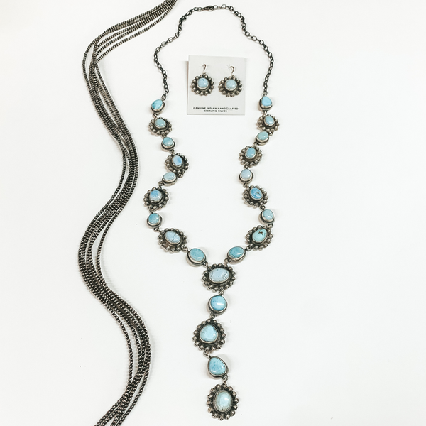 Dave Skeets | Navajo Handmade Sterling Silver & Golden Hills Turquoise Stones Lariat Necklace + Matching Earrings