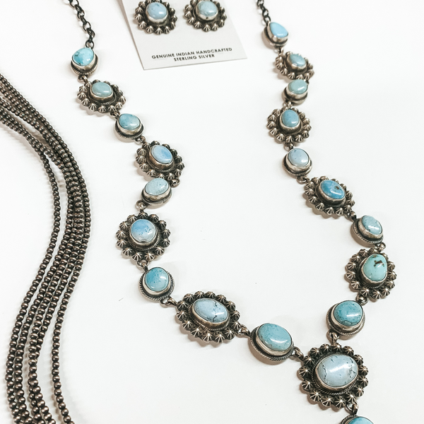 Dave Skeets | Navajo Handmade Sterling Silver & Golden Hills Turquoise Stones Lariat Necklace + Matching Earrings